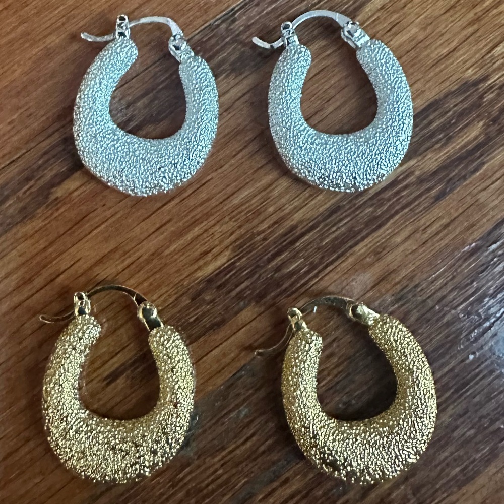Elegant Silver and Gold Textured Hoop Earrings Non Tarnish 2 Pairs